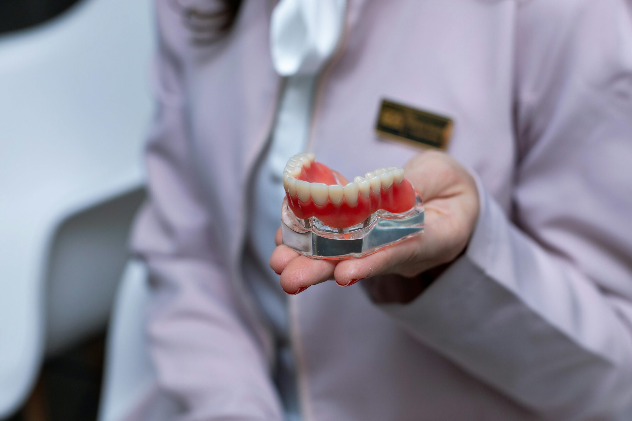 2 Dentist in lab coat holding a dental model indoors for patient education.